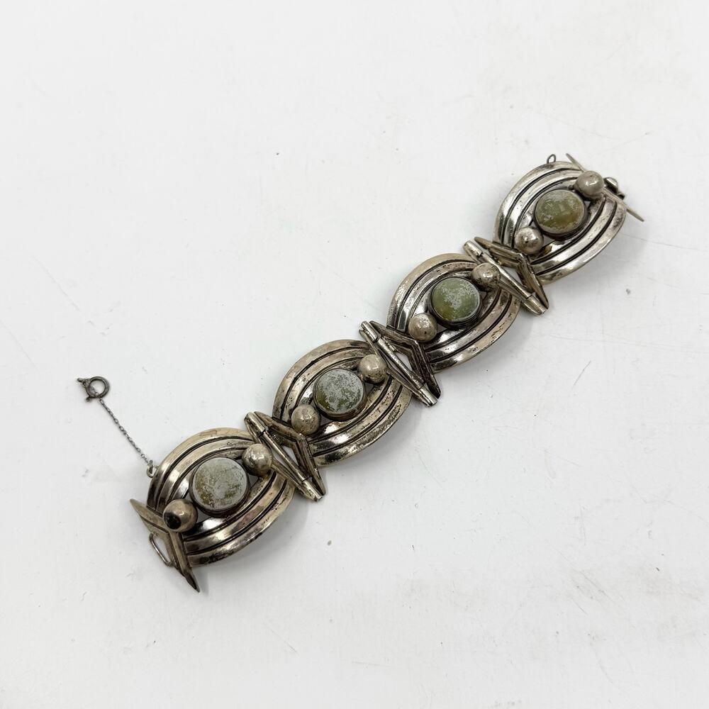Vintage 40s Mexican Sterling Silver & Cabochon Bracelet - Picture 5 of 9